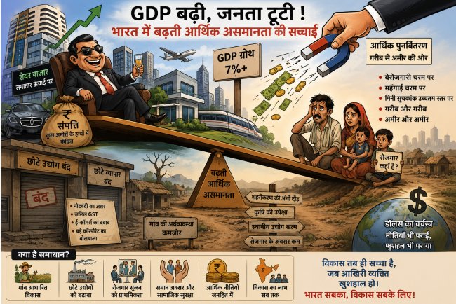 गरीब से अमीर की ओर आर्थिक पुनर्वितरण, शेयर बजार में चमक, जी.डी.पी. बढ़ी, जनता फटेहाल