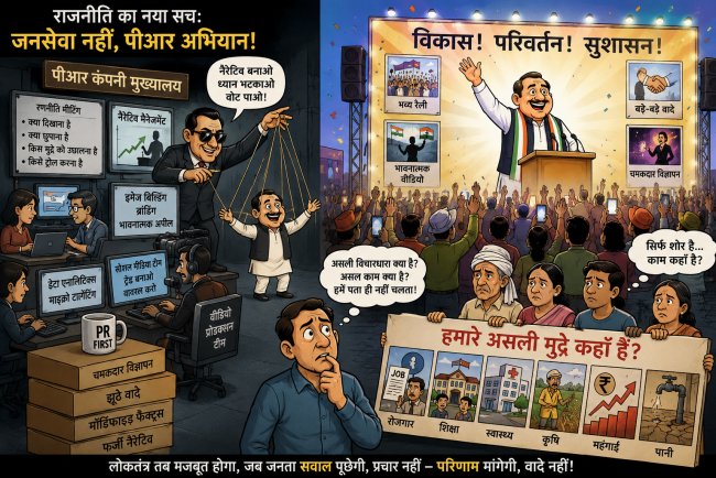 "कैसे राजनीतिक ब्रांडिंग, नैरेटिव मैनेजमेंट और प्रचार की चकाचौंध जनता के वास्तविक मुद्दों, जवाबदेही और विचारधारा को पीछे धकेल रही है।"